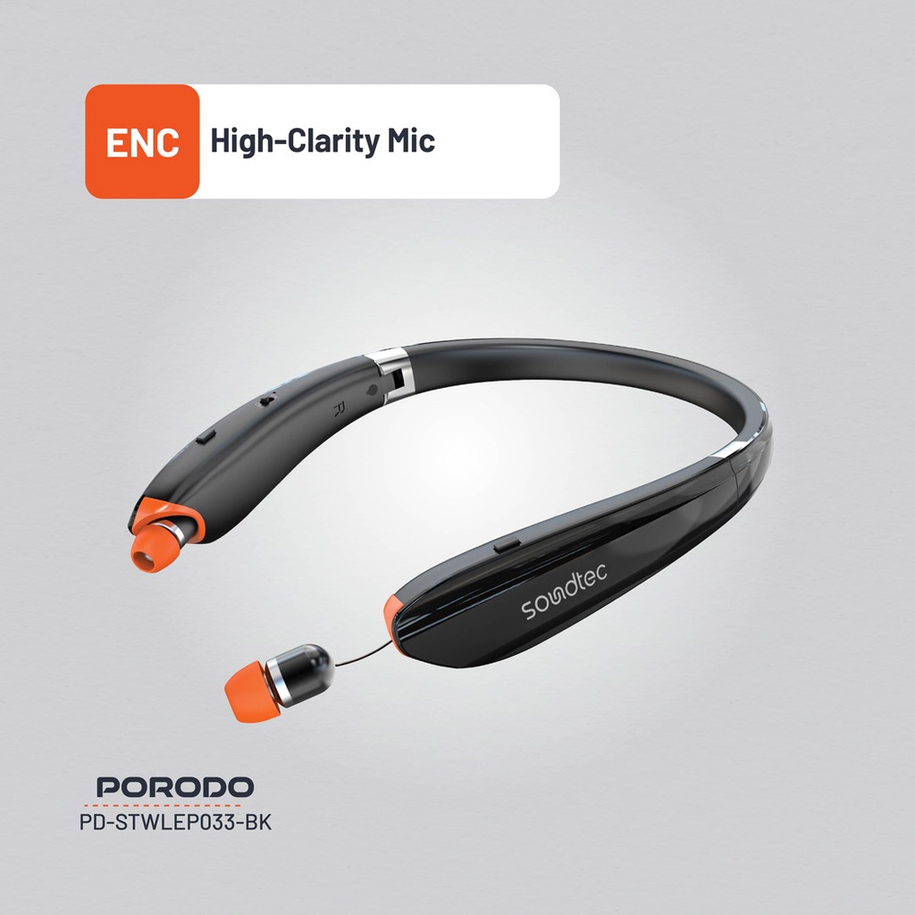 Porodo Soundtec Echo Flex Retractable ENC Neckband- Black