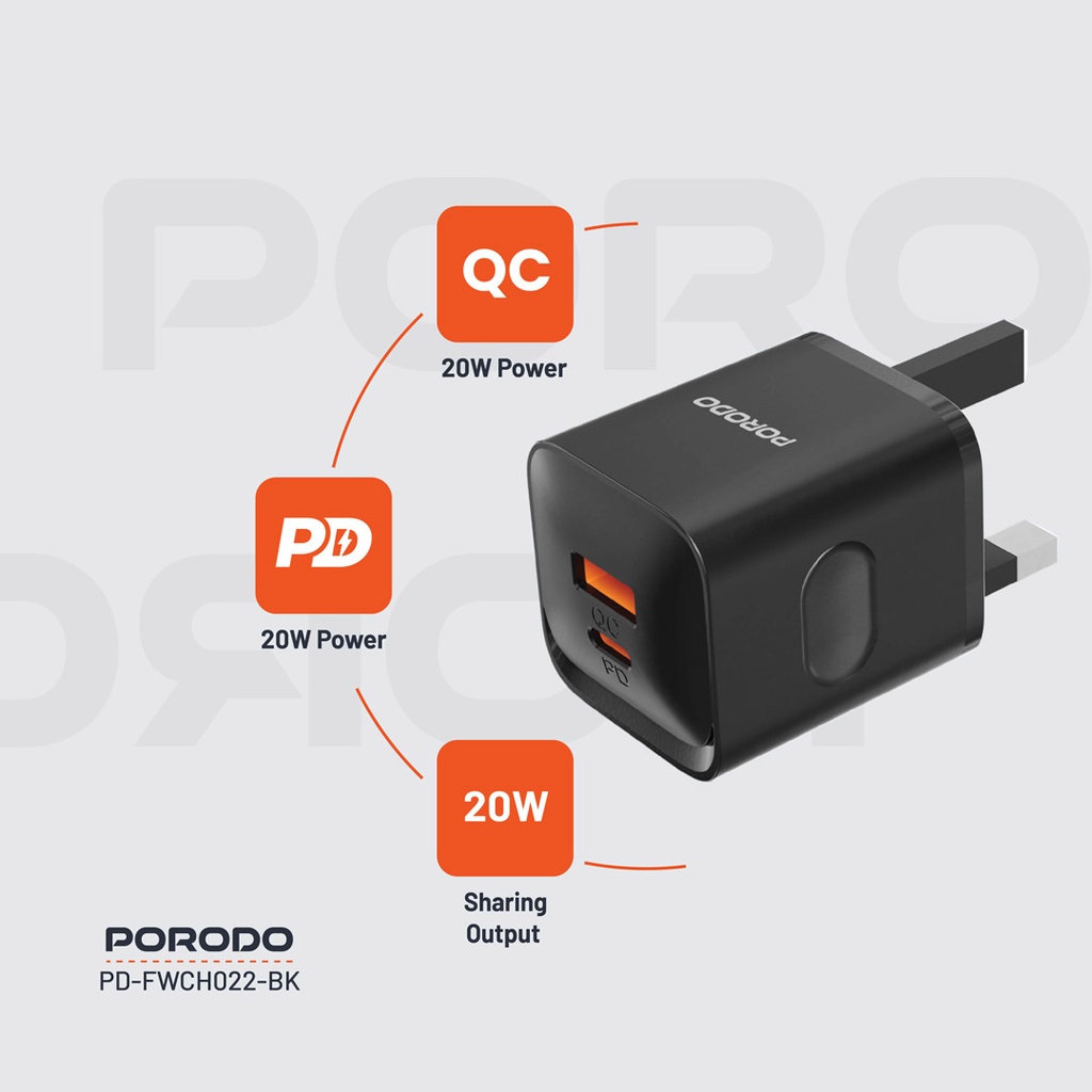 Porodo Dual port Wall Charger UK - Black
