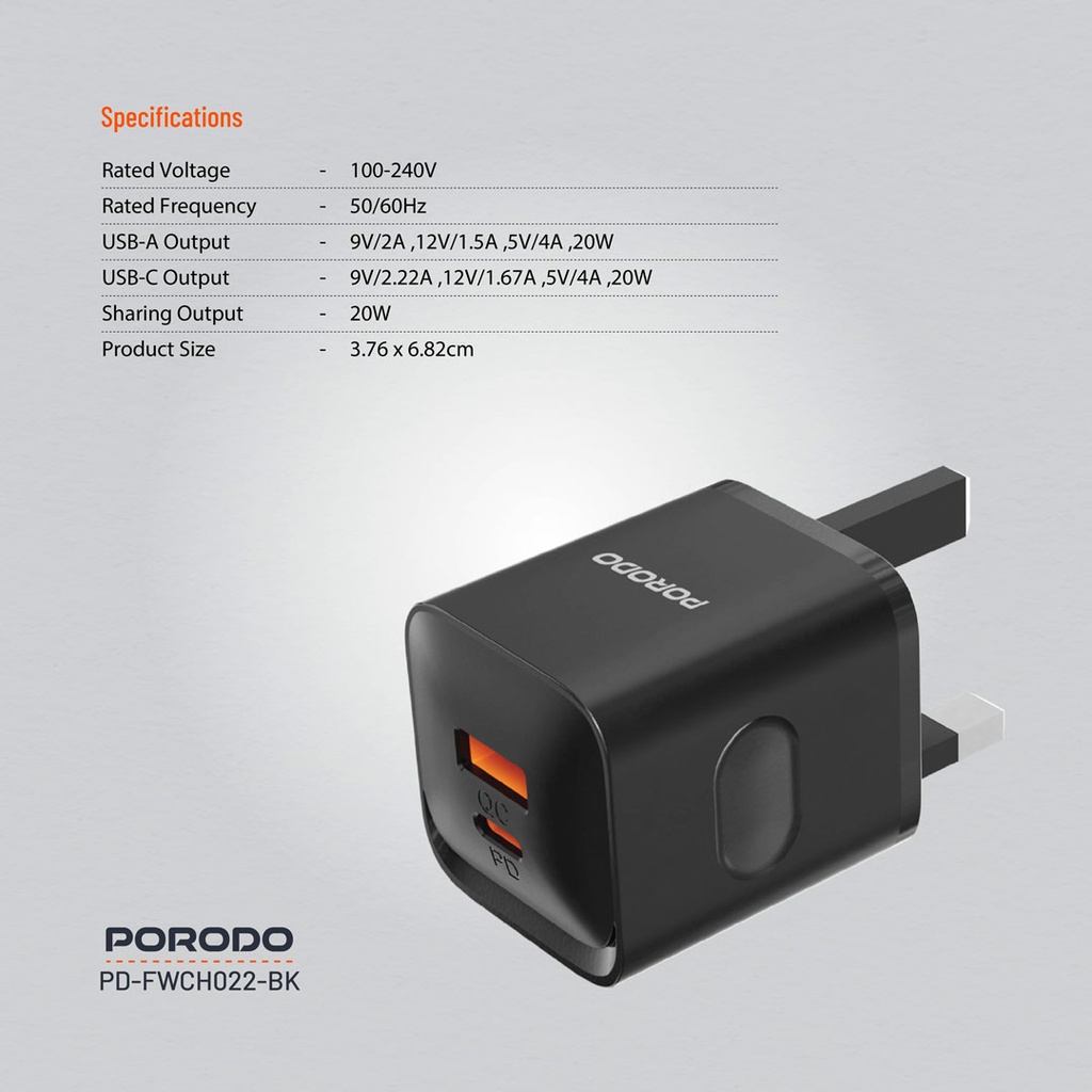 Porodo Dual port Wall Charger UK - Black