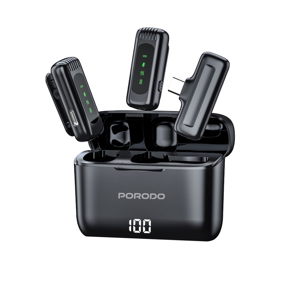 Porodo Lavalier Double Microphone with Charging Case - Black