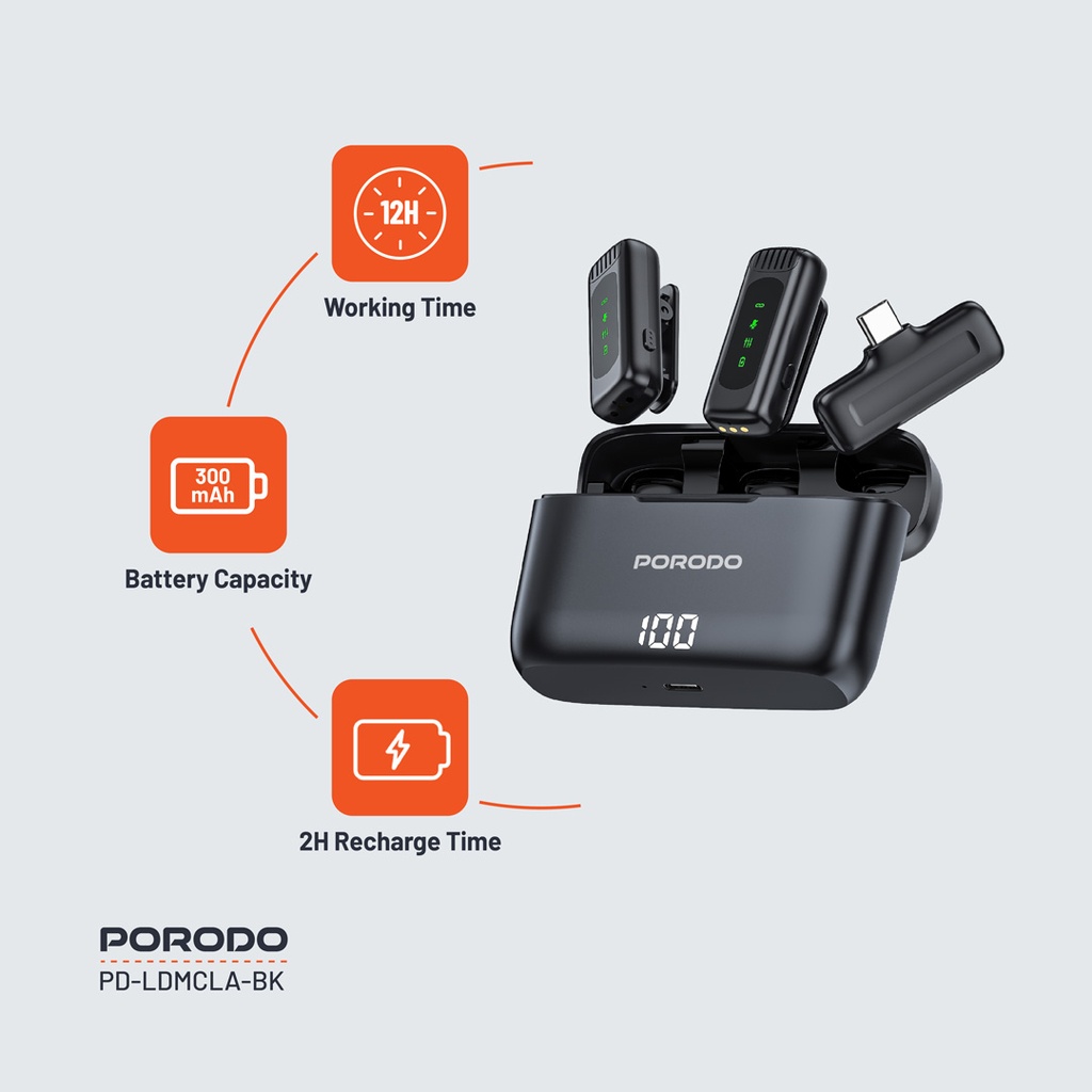 Porodo Lavalier Double Microphone with Charging Case - Black