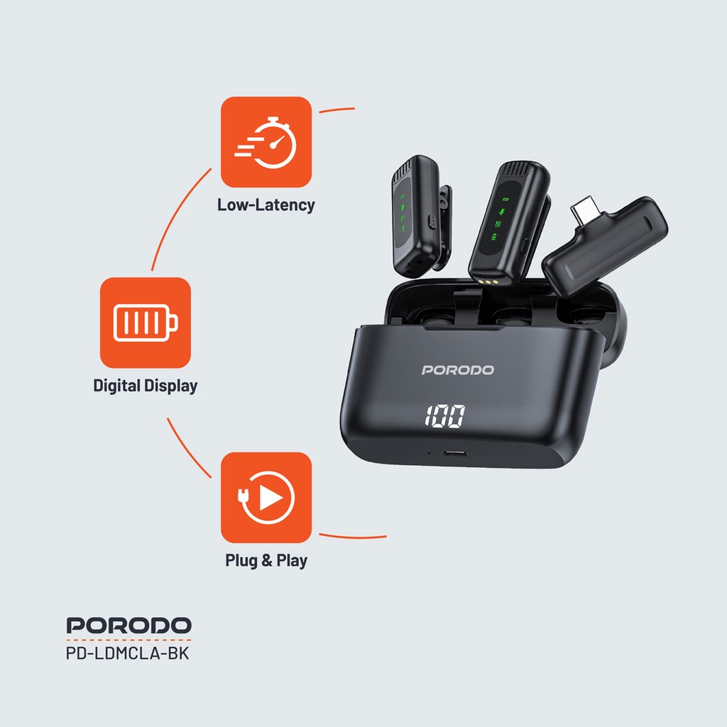 Porodo Lavalier Double Microphone with Charging Case - Black