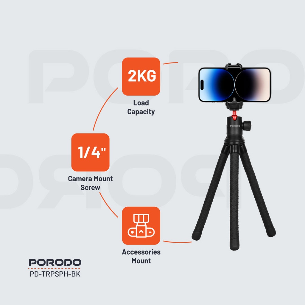 Porodo Flexible Tripod Stand - Black