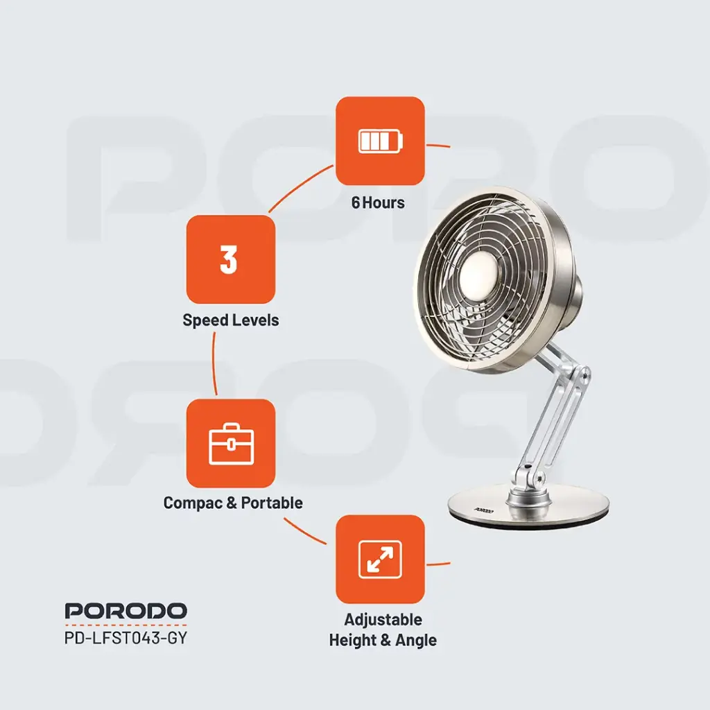 Porodo Lifestyle Metal Desk Fan - Gray