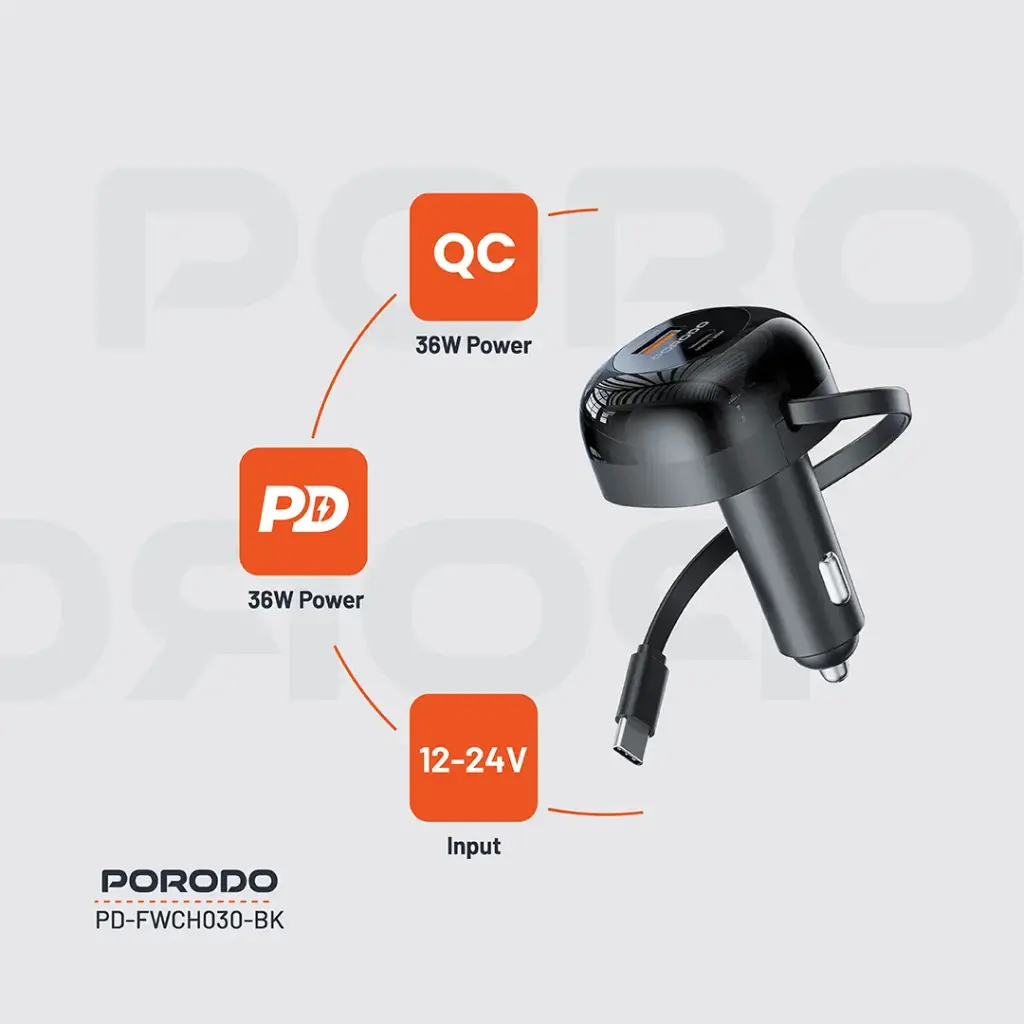 Porodo Dual Port Car Charger 80cm Retractable Type-C Cable - Black