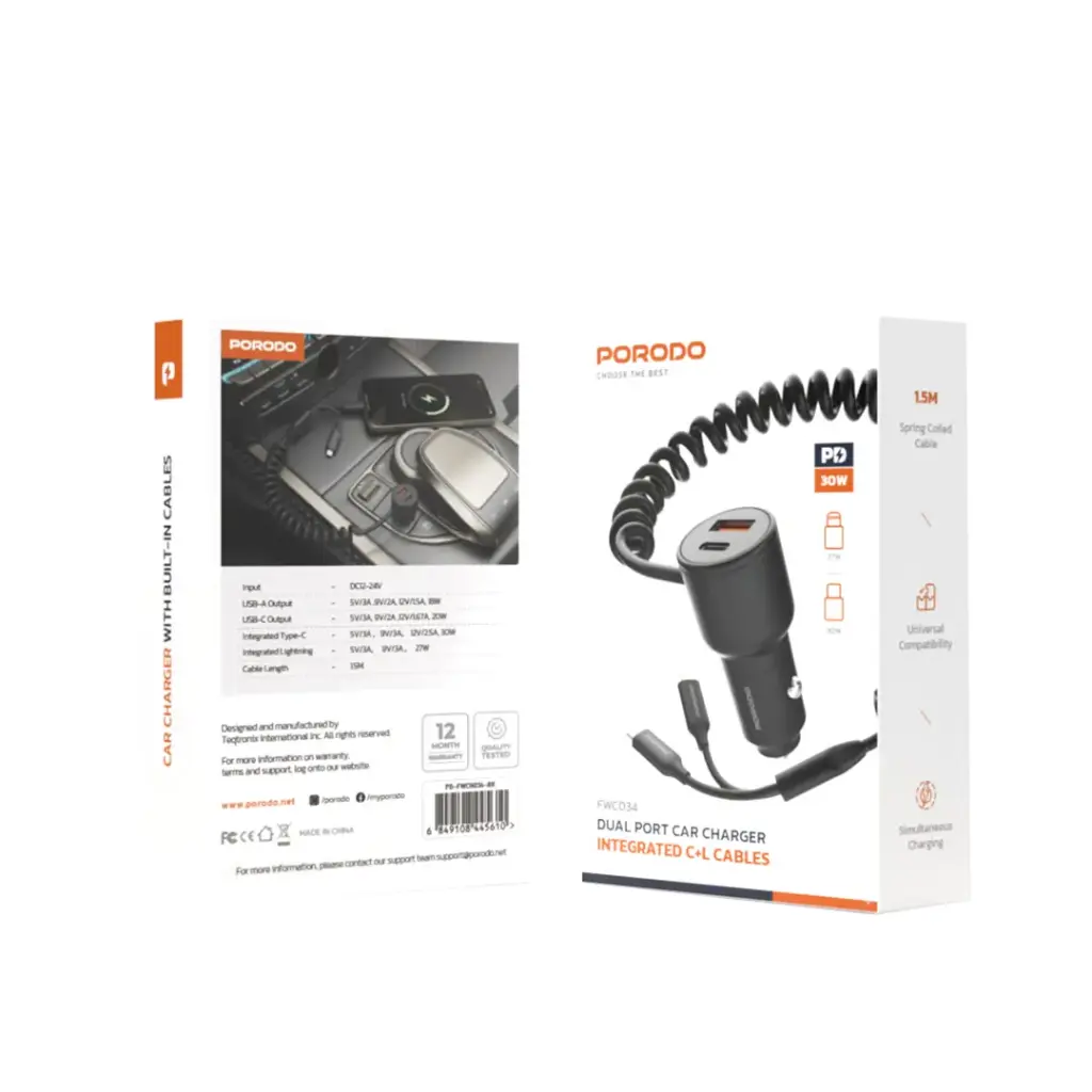 Porodo Dual Port Car Charger Integrated C+L Cables - Black
