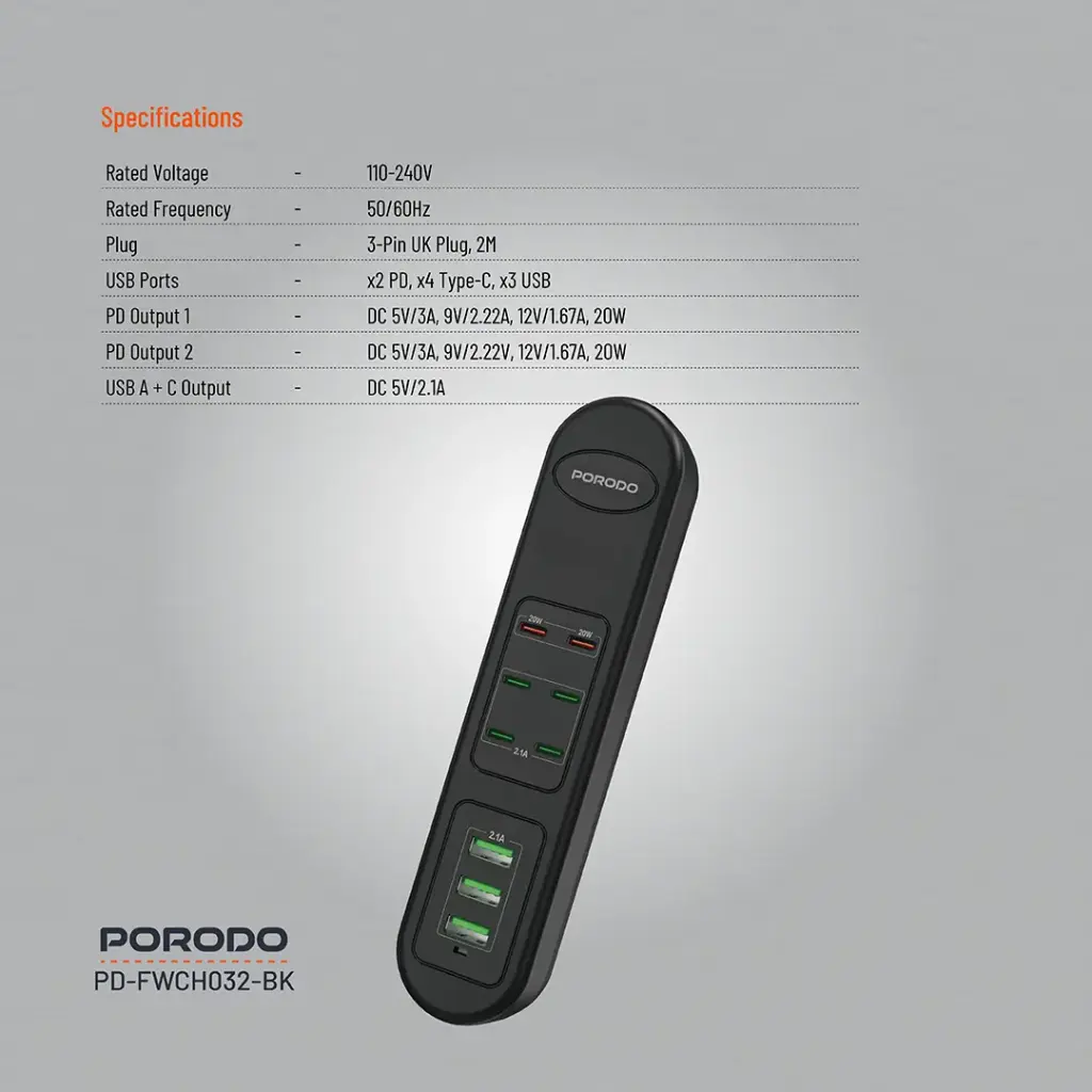 Porodo 50W Multi-Port USB Charging HUB - Black