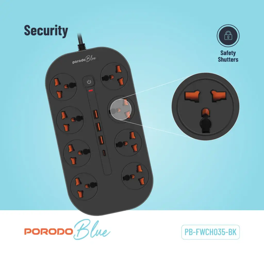 Porodo Blue 8 AC Power Strip - Black