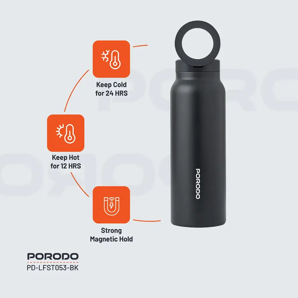 Porodo Lifestyle Magnetic Mount Water Bottle - Black