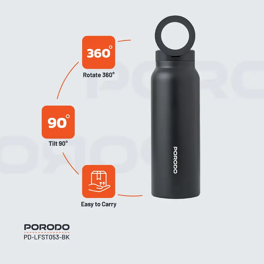 Porodo Lifestyle Magnetic Mount Water Bottle - Black