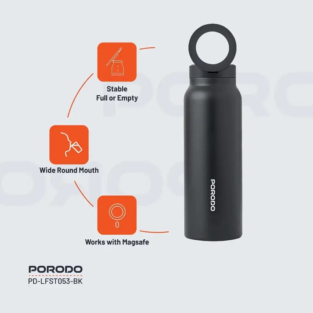 Porodo Lifestyle Magnetic Mount Water Bottle - Black