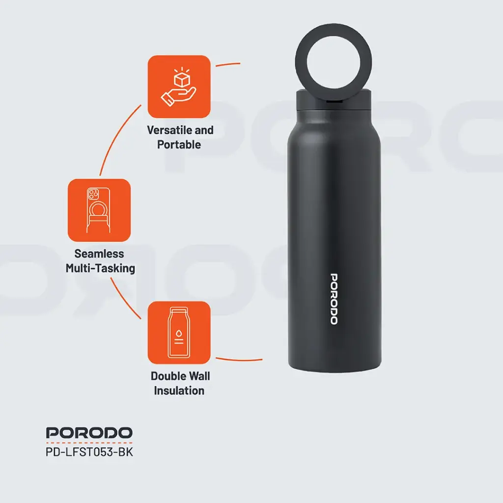Porodo Lifestyle Magnetic Mount Water Bottle - Black