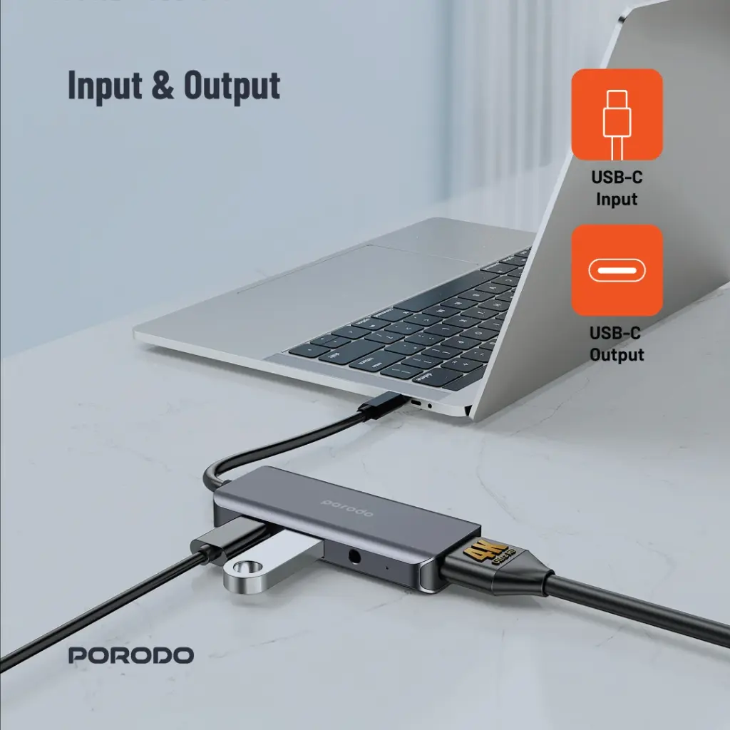 Porodo 4in1 USB-C Hub Type-C PD 100W HDMI USB 3.5mm Aux - Grey