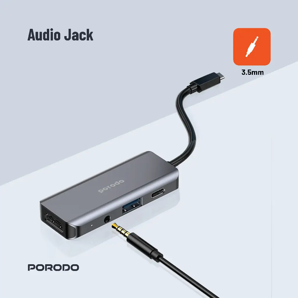 Porodo 4in1 USB-C Hub Type-C PD 100W HDMI USB 3.5mm Aux - Grey