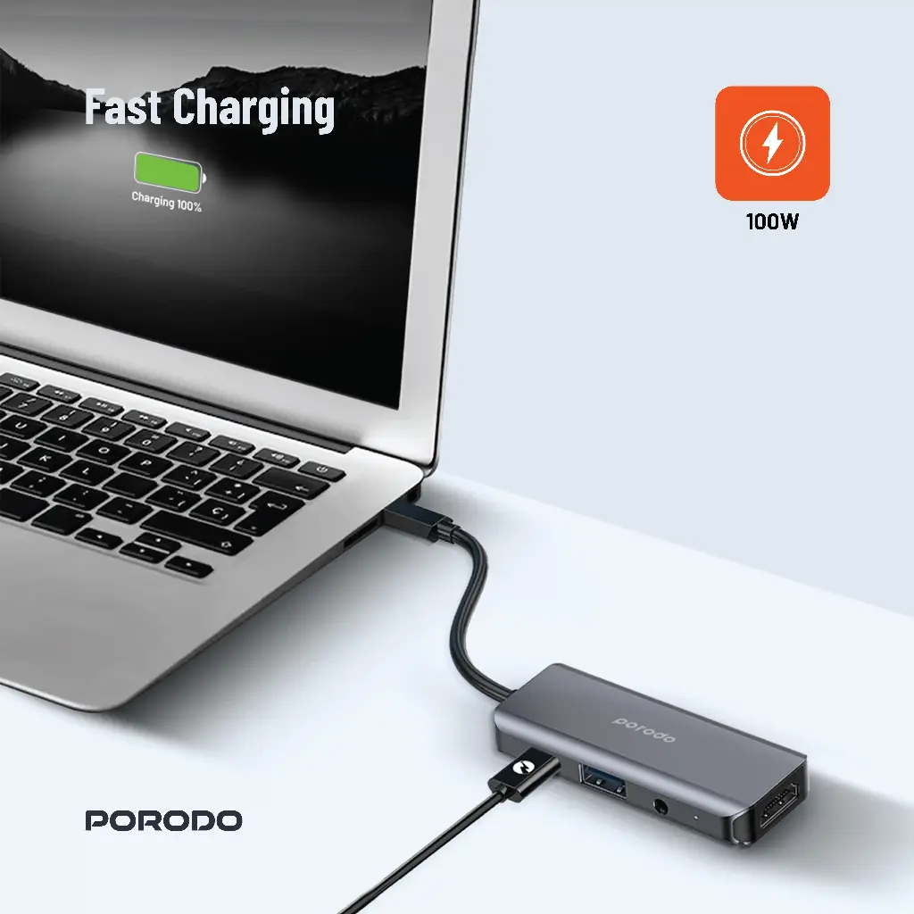 Porodo 4in1 USB-C Hub Type-C PD 100W HDMI USB 3.5mm Aux - Grey