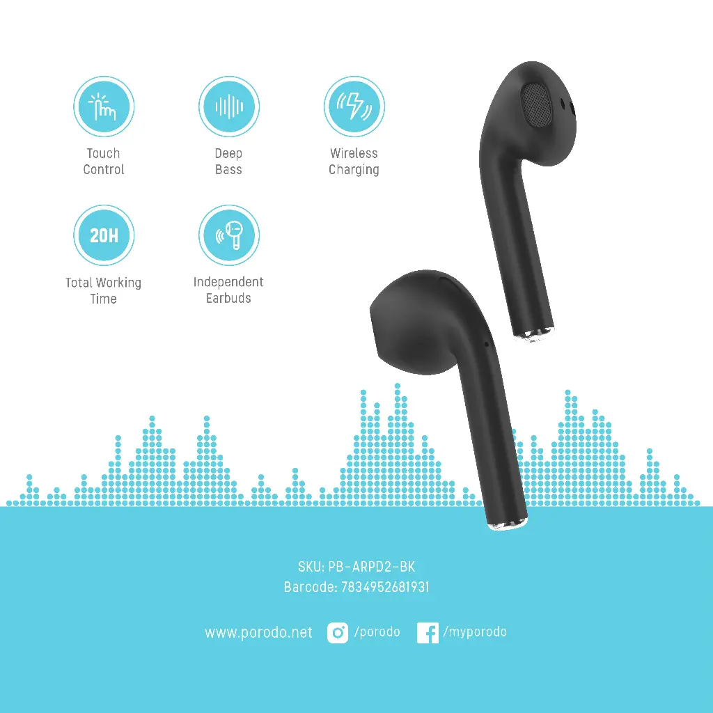 Porodo Blue Deep Bass Wireless Earbuds 2