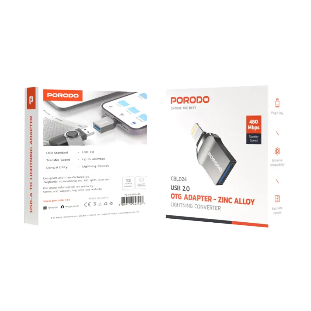 Porodo Lightning OTG Adapter - Zinc Alloy - Black