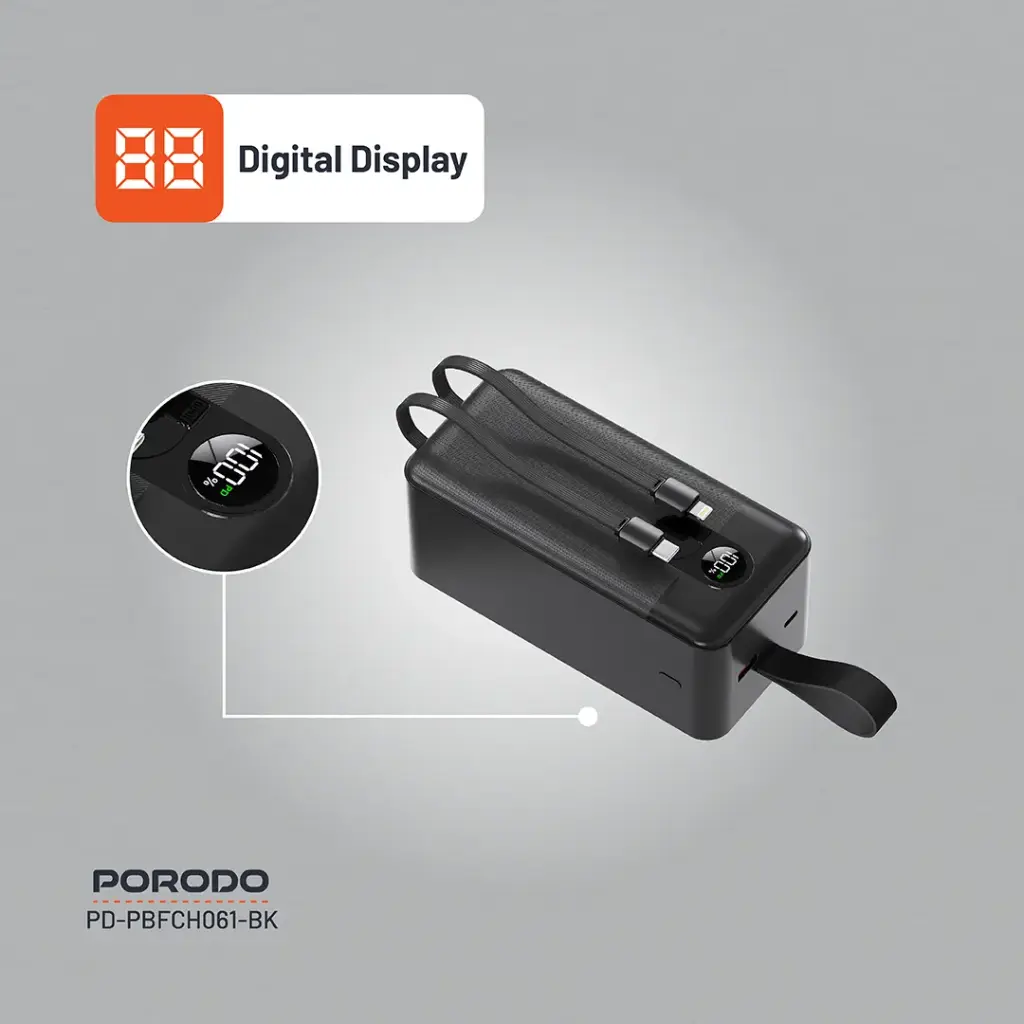 Porodo 50000mAh Power Bank Integrated Cables - Black