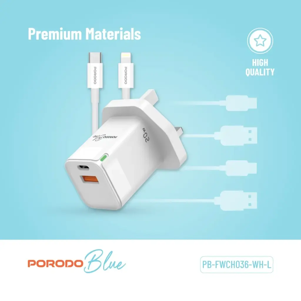 Porodo Blue Ultra-Quick Charger USB-A to USB-C (1m Lightning Cable Included) - White