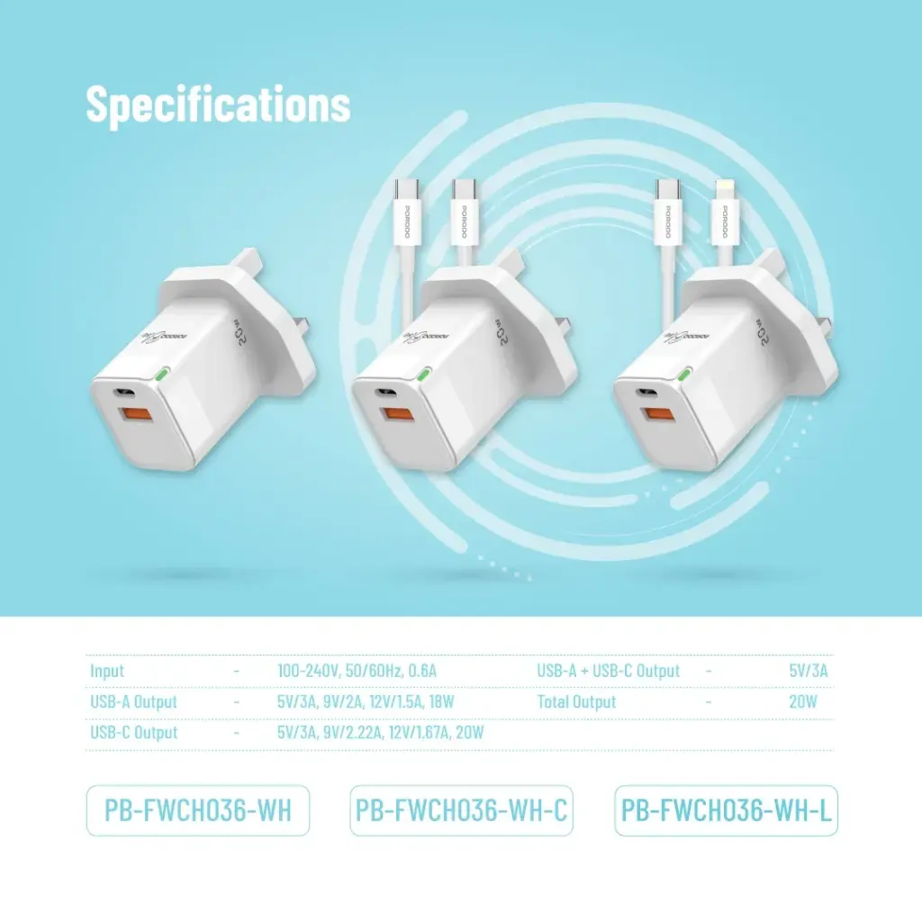 Porodo Blue Ultra-Quick Charger USB-A to USB-C (1m Lightning Cable Included) - White
