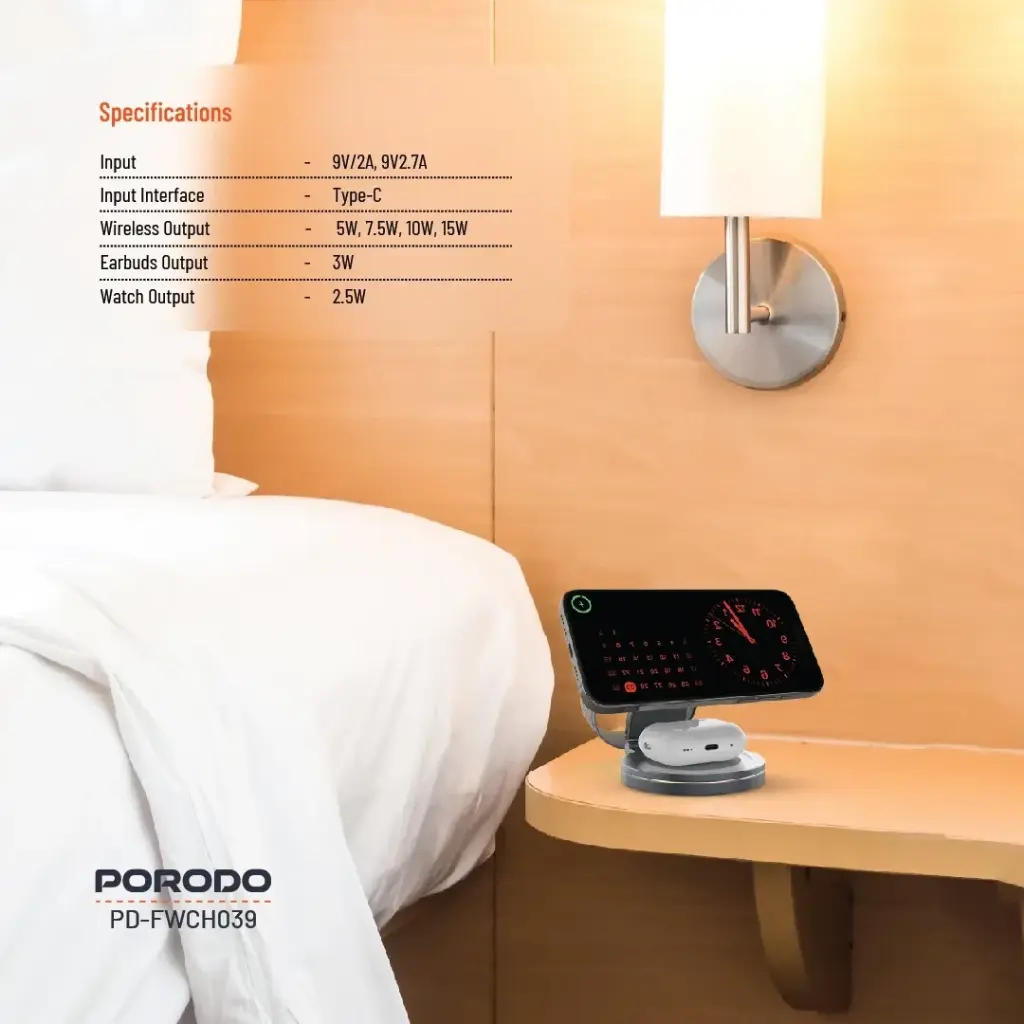 Porodo Rotating Base Three-Device Wireless Charger - Gray