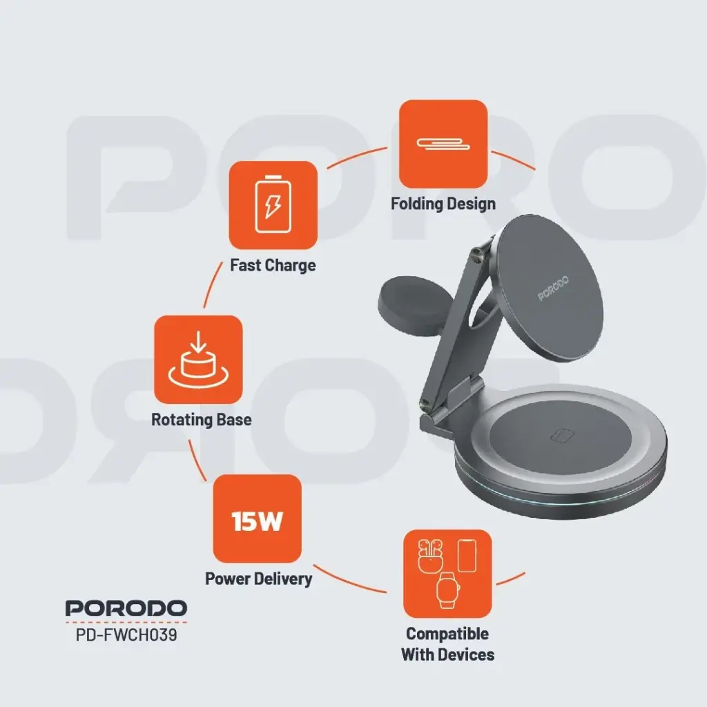 Porodo Rotating Base Three-Device Wireless Charger - Gray