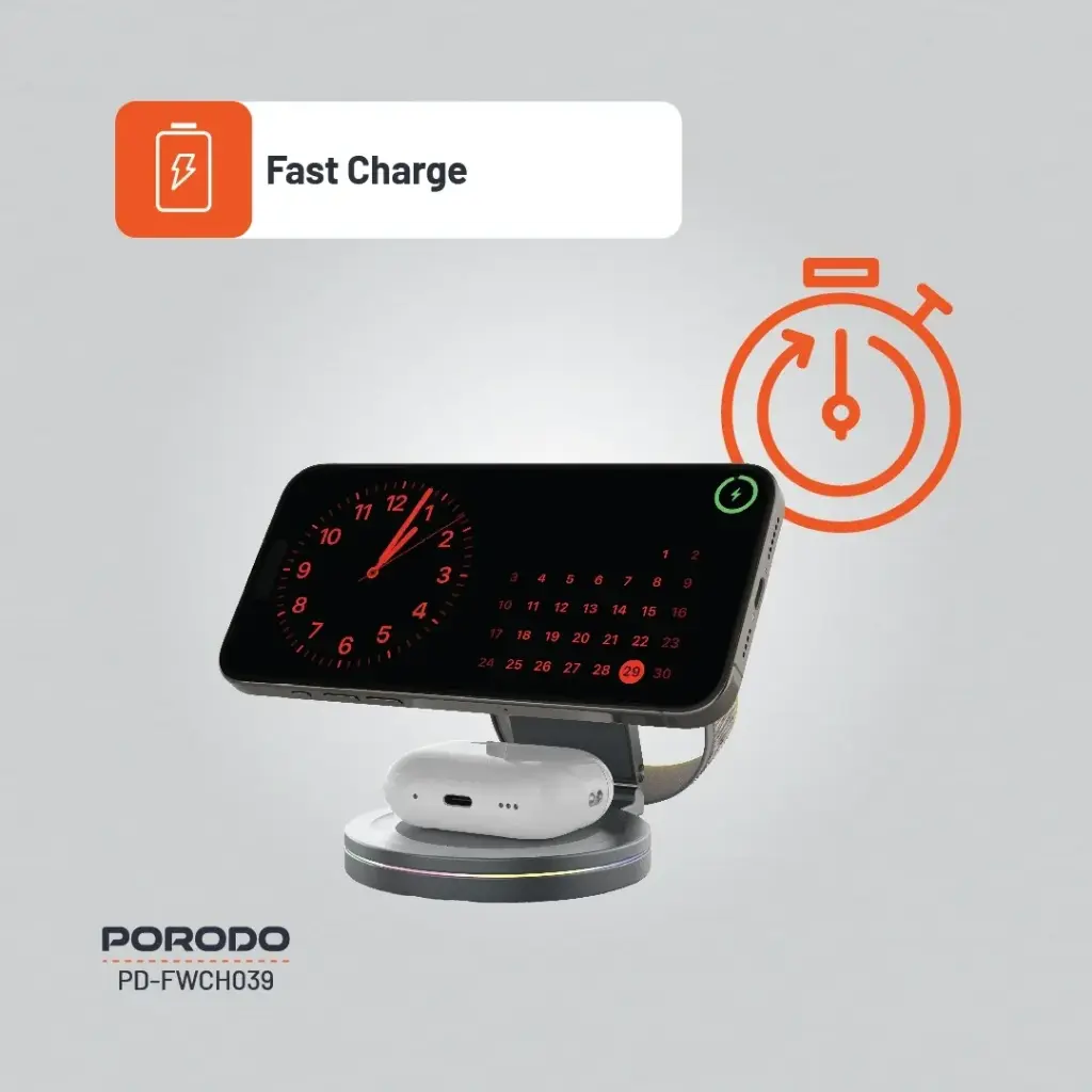 Porodo Rotating Base Three-Device Wireless Charger - Gray