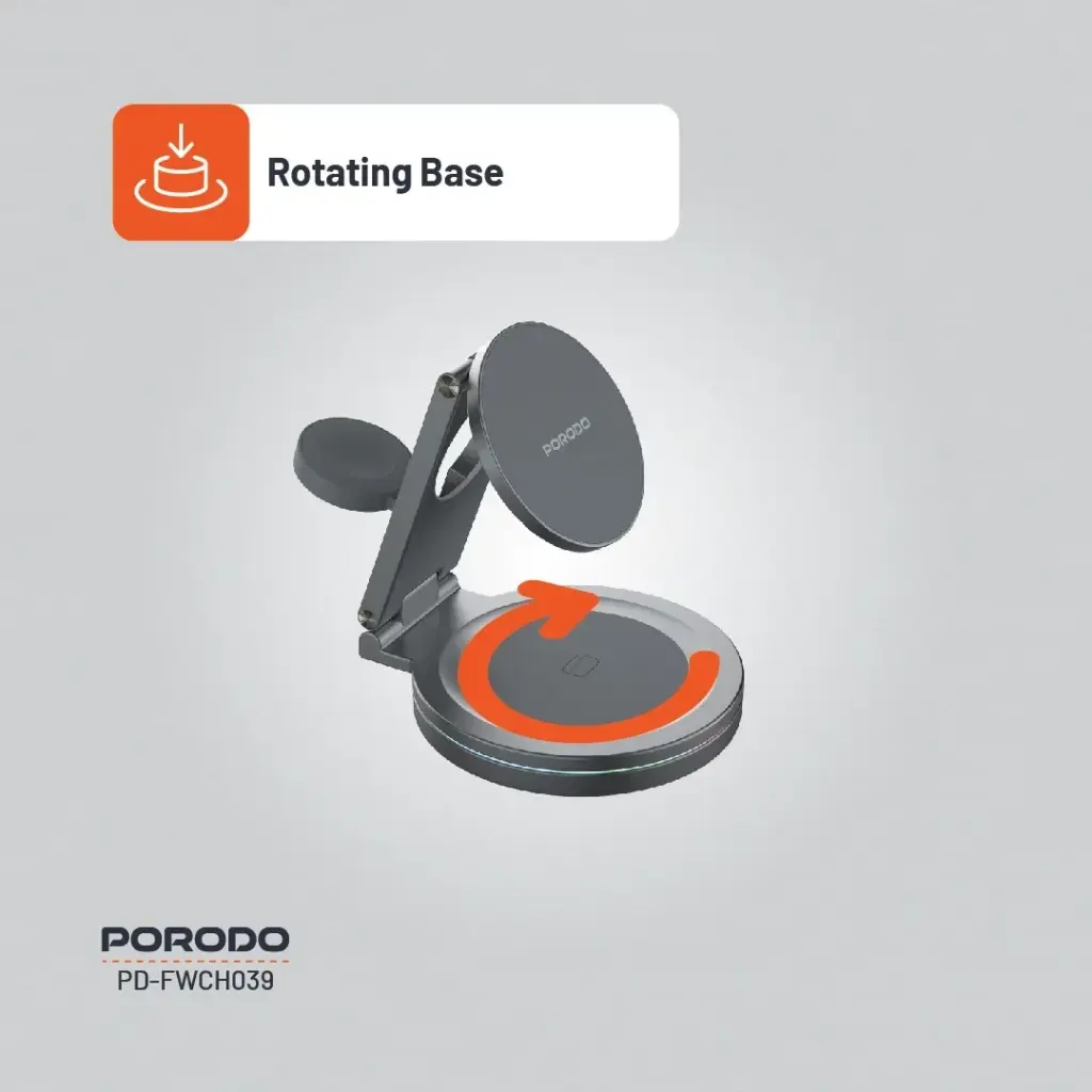 Porodo Rotating Base Three-Device Wireless Charger - Gray