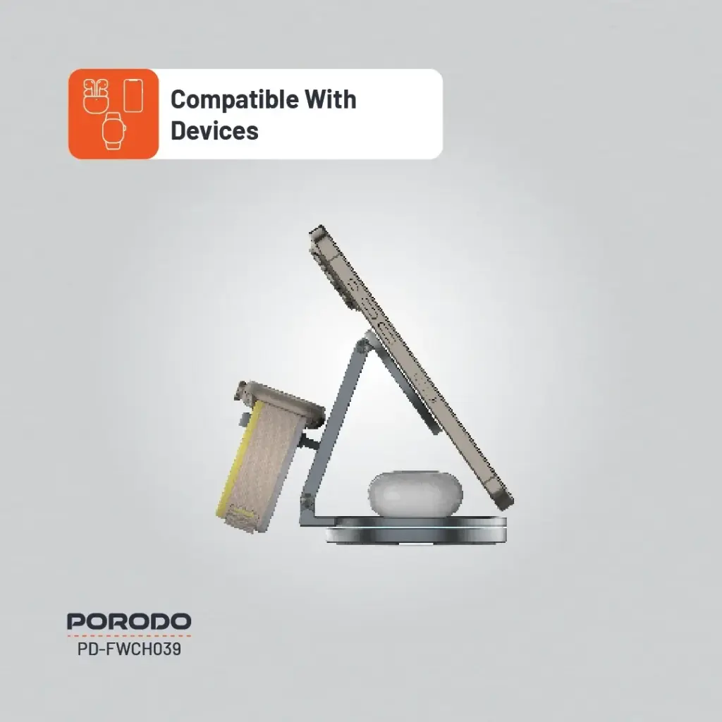 Porodo Rotating Base Three-Device Wireless Charger - Gray