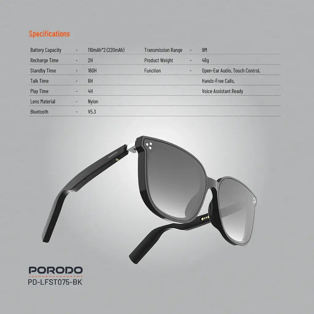 Porodo Lifestyle Polarized Sunglasses With Speaker - Black