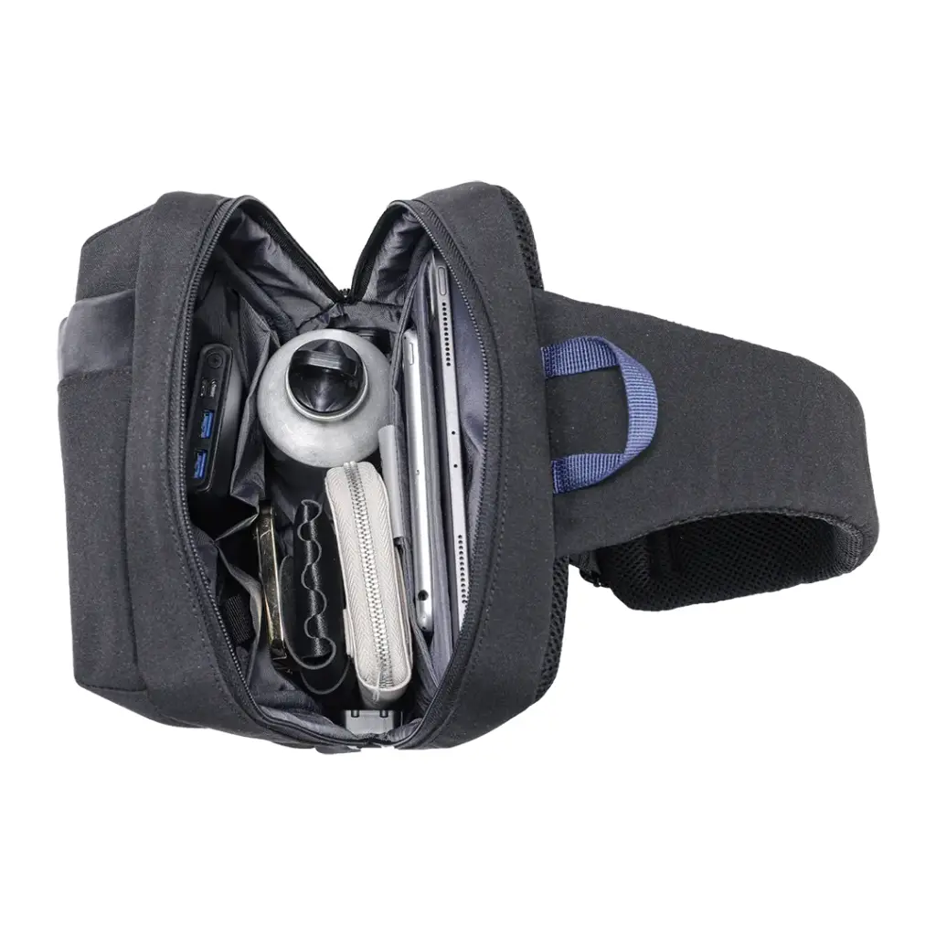 Porodo Lifestyle Cross Body Sling Bag with Fingerprint Lock - Black/Blue