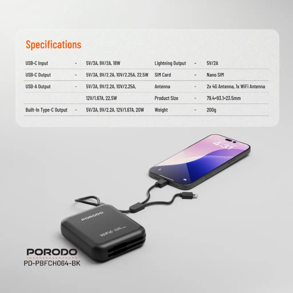 Porodo 4G LTE | WiFi 6 Pocket Router - Black