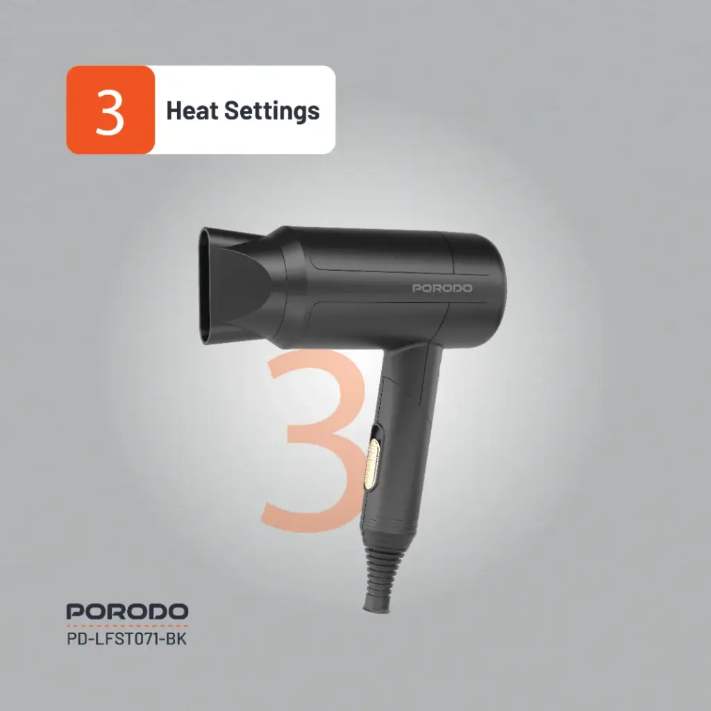 Porodo Lifestyle 1200W Foldable Hair Dryer 1.8M Cable - Black