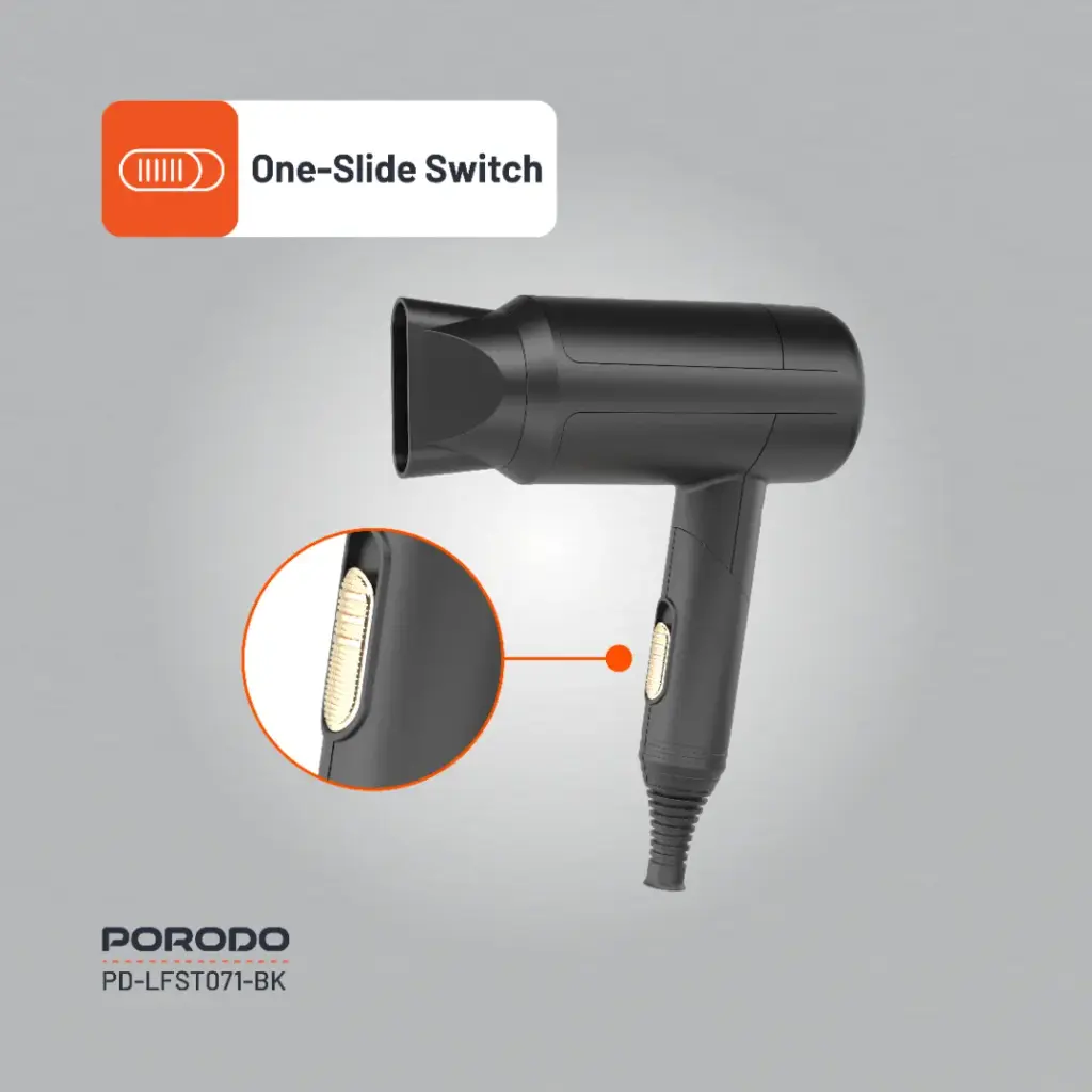 Porodo Lifestyle 1200W Foldable Hair Dryer 1.8M Cable - Black