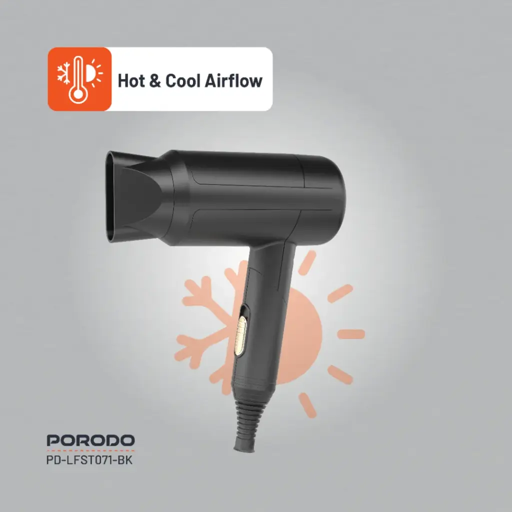 Porodo Lifestyle 1200W Foldable Hair Dryer 1.8M Cable - Black
