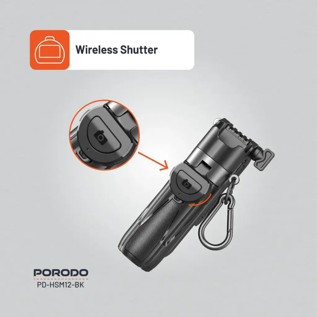 Porodo Foldable Selfie Stick with Extendable Tripod - Black 