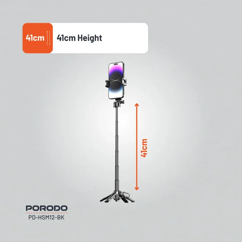 Porodo Foldable Selfie Stick with Extendable Tripod - Black 
