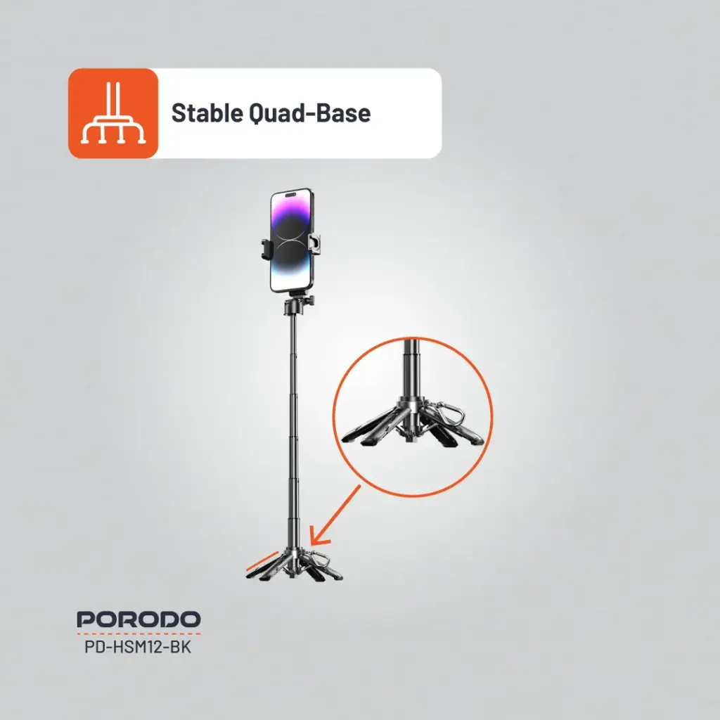Porodo Foldable Selfie Stick with Extendable Tripod - Black 