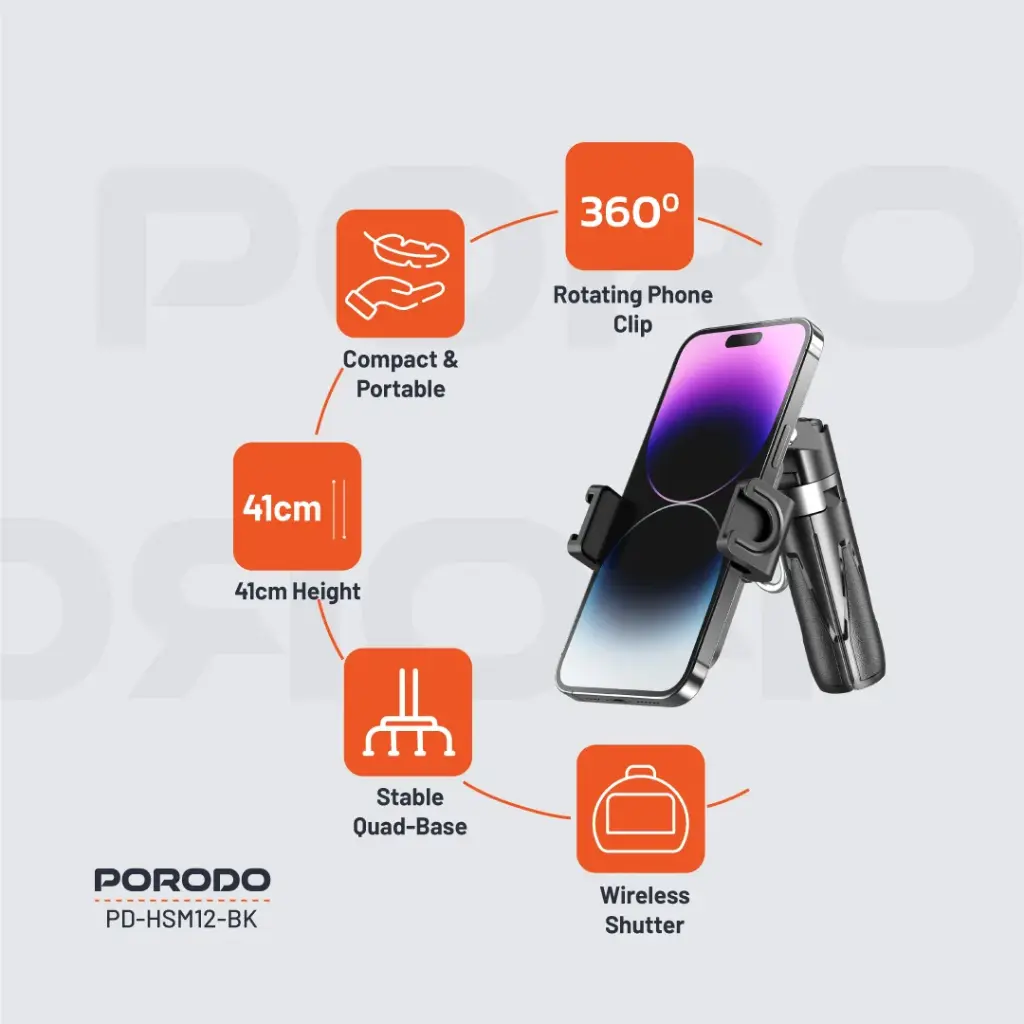 Porodo Foldable Selfie Stick with Extendable Tripod - Black 