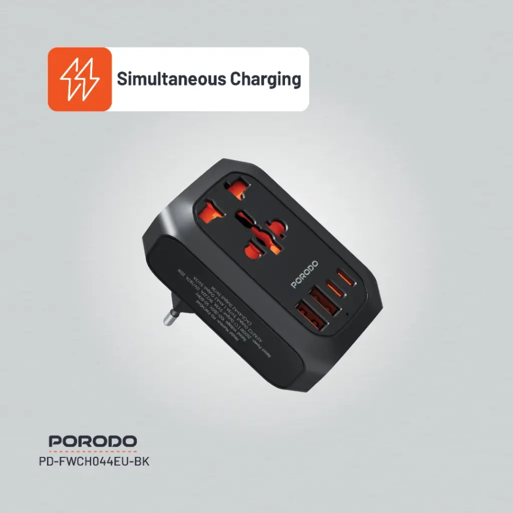 Porodo Universal AC Adapter Multi-Device Charging EU Plug - Black