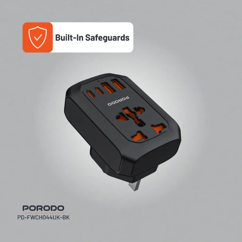 Porodo Universal AC Adapter Multi-Device Charging UK Plug - Black