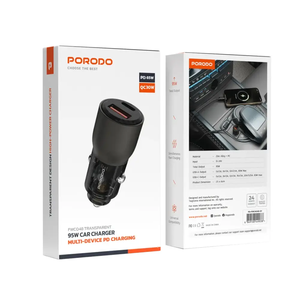 Porodo 95W Car Charger Transparent Multi-Device PD Charging