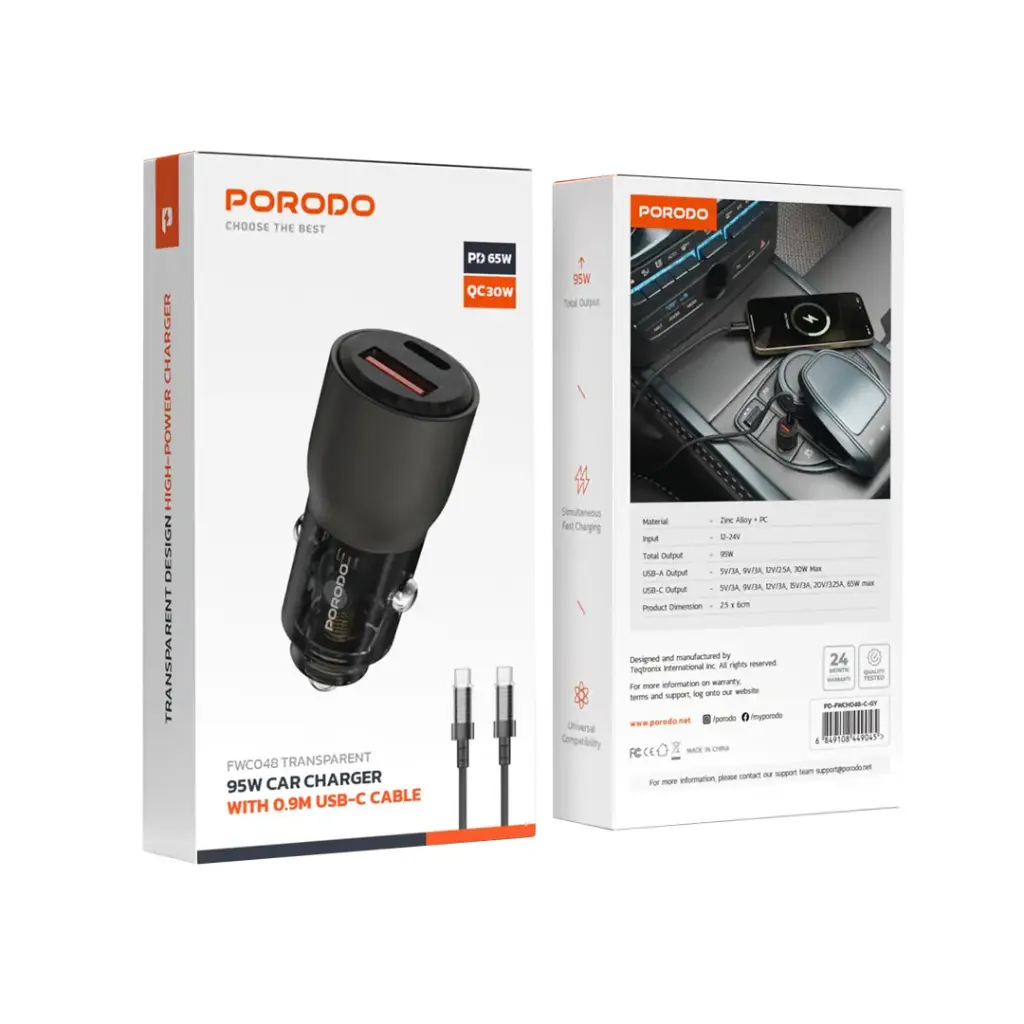 Porodo 95W Car Charger Transparent With 0.9M USB -C Cable