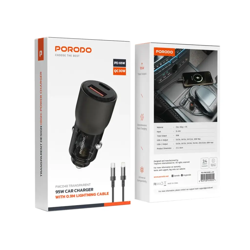 Porodo 95W Car Charger Transparent With 0.9M Lightning Cable