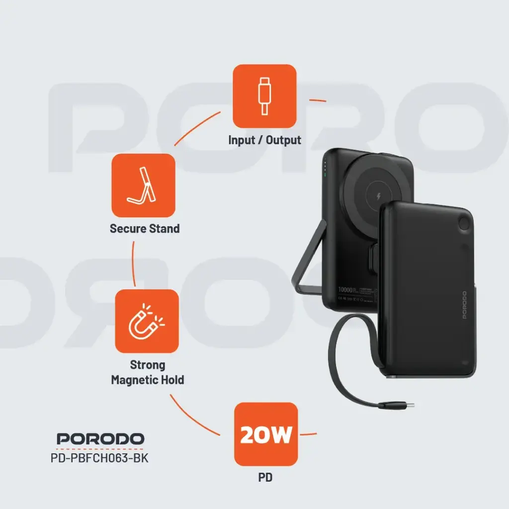 Porodo 10000mAh Power Bank Built-In Type-C & Stand - Black