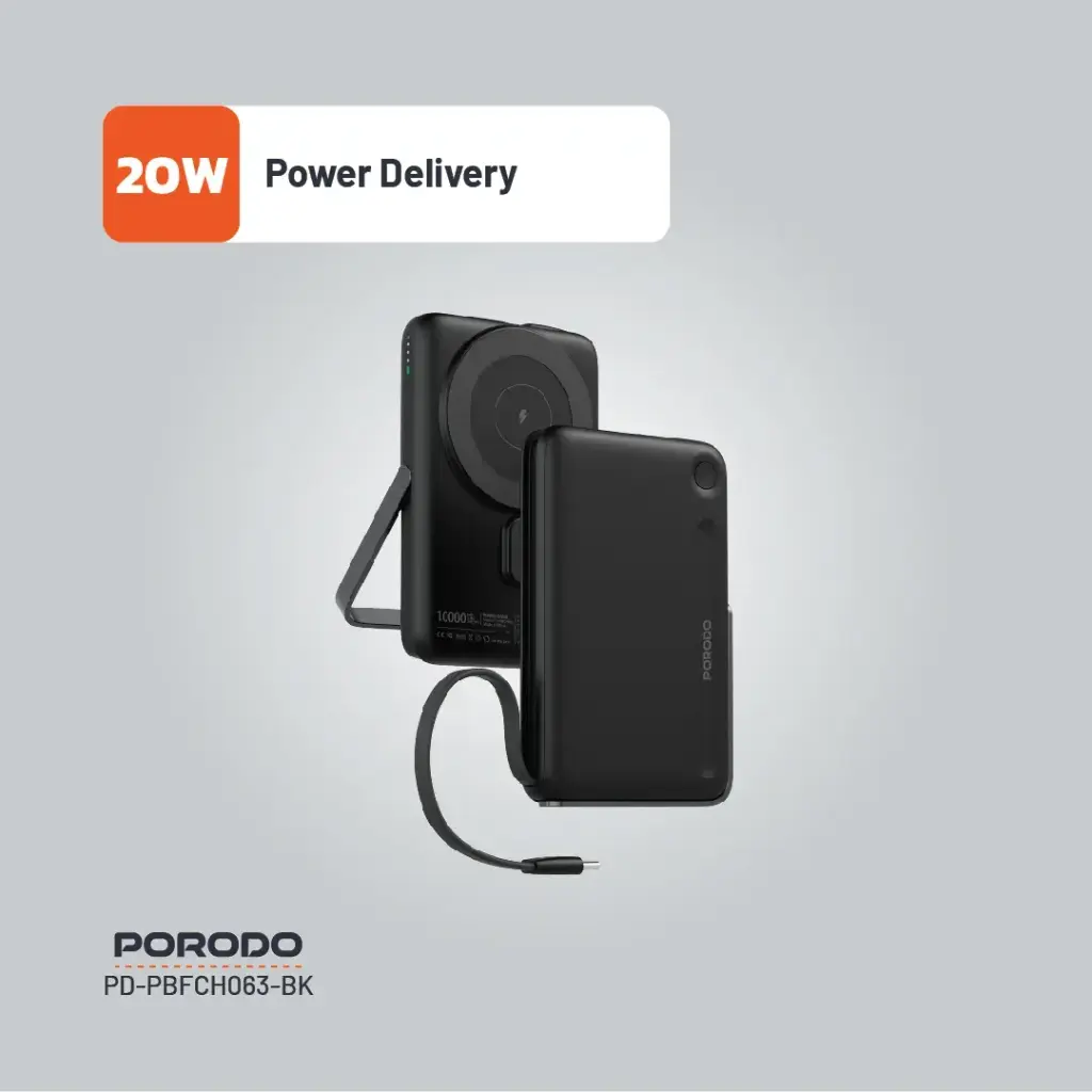 Porodo 10000mAh Power Bank Built-In Type-C & Stand - Black