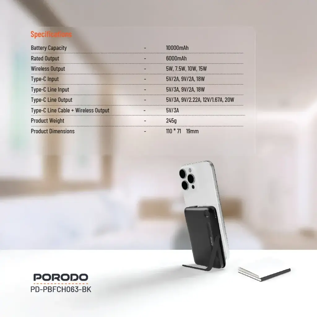 Porodo 10000mAh Power Bank Built-In Type-C & Stand - Black