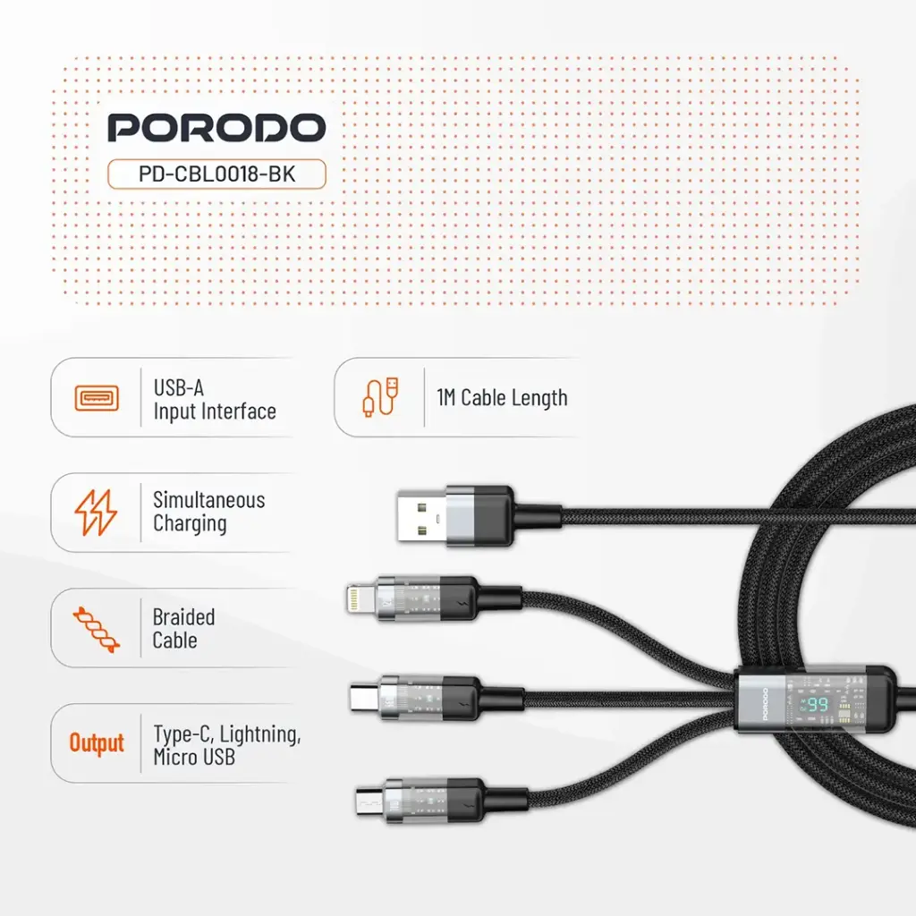 Porodo Transparent USB-A Input Fast Charging Cable - Black 