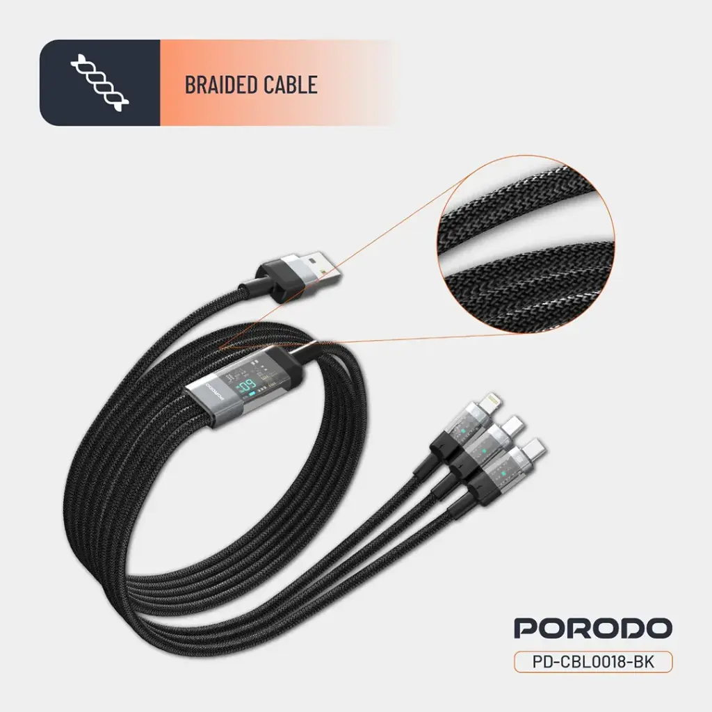Porodo Transparent USB-A Input Fast Charging Cable - Black 