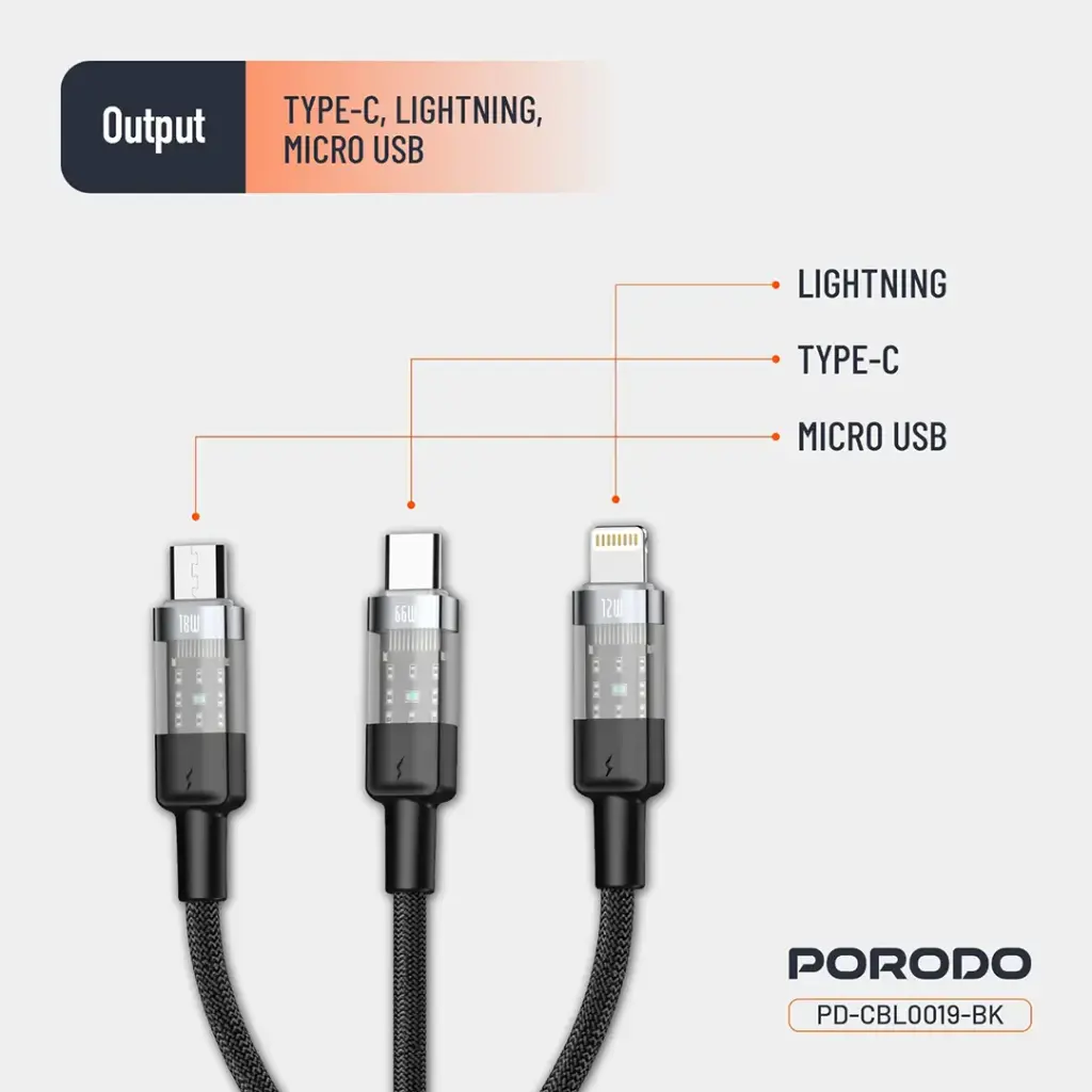 Porodo Transparent Type-C Input Fast Charging Cable - Black